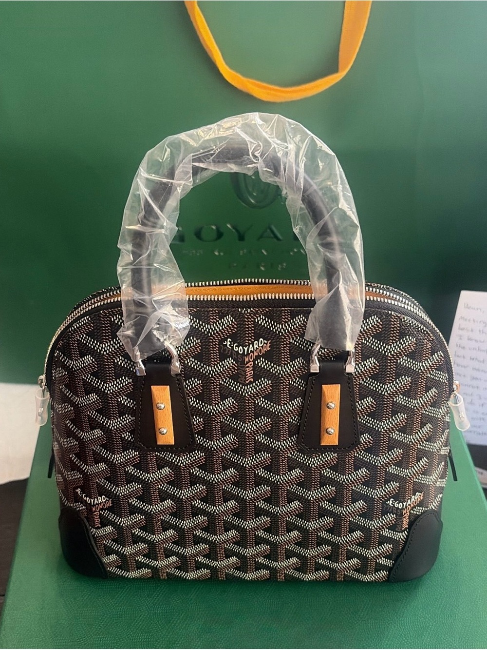 Goyard Brown & Black Patterned Coated Canvas Satchel with Tan Accents